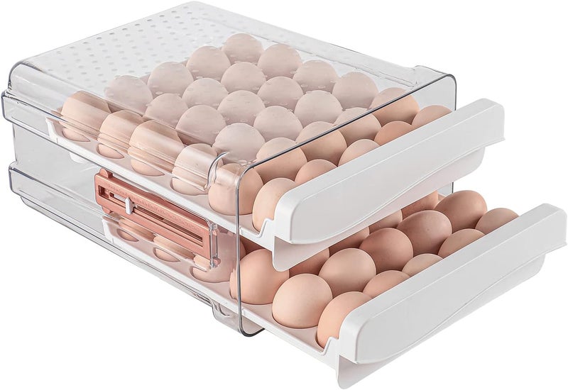 Sooyee 60 Capacity Egg Container for Refrigerator, Household Egg Holder for Fridge, Transparent 2 Drawers Chicken Egg Storage Container,White - Image 1